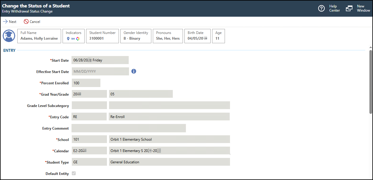 The "Change the Status of a Student" screen displays entry fields.