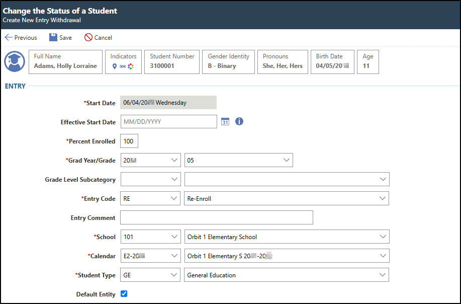 The screen displays entry withdrawal fields filled out.
