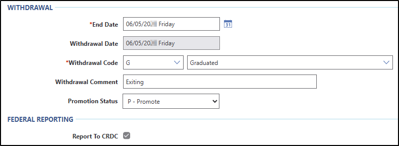 The "Change the Status of a Student" screen displays the withdrawal and federal reporting fields.