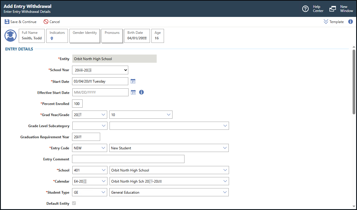 The Add Entry Withdrawal screen displays student entry details.