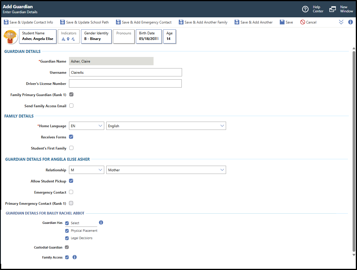 The guardian details for Claire Asher display information such as their home language and relationship to the student.