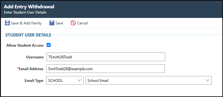 The Add Entry Withdrawal screen displays Todd Smith's Student Access details.