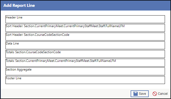 The Add Report Line window displays options to add new lines for header, data, section aggregate, and footer.
