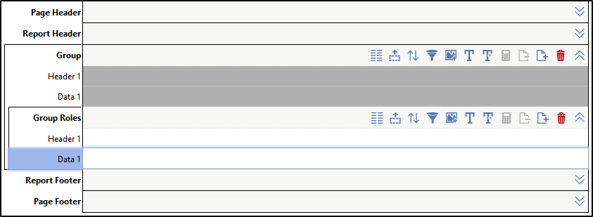 The Report Designer displays a main section for the Group object with a detail section for the Group Roles object.