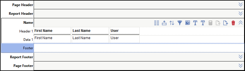 The Report Designer displays a main section for the Name object with a footer line below the Data 1 line.