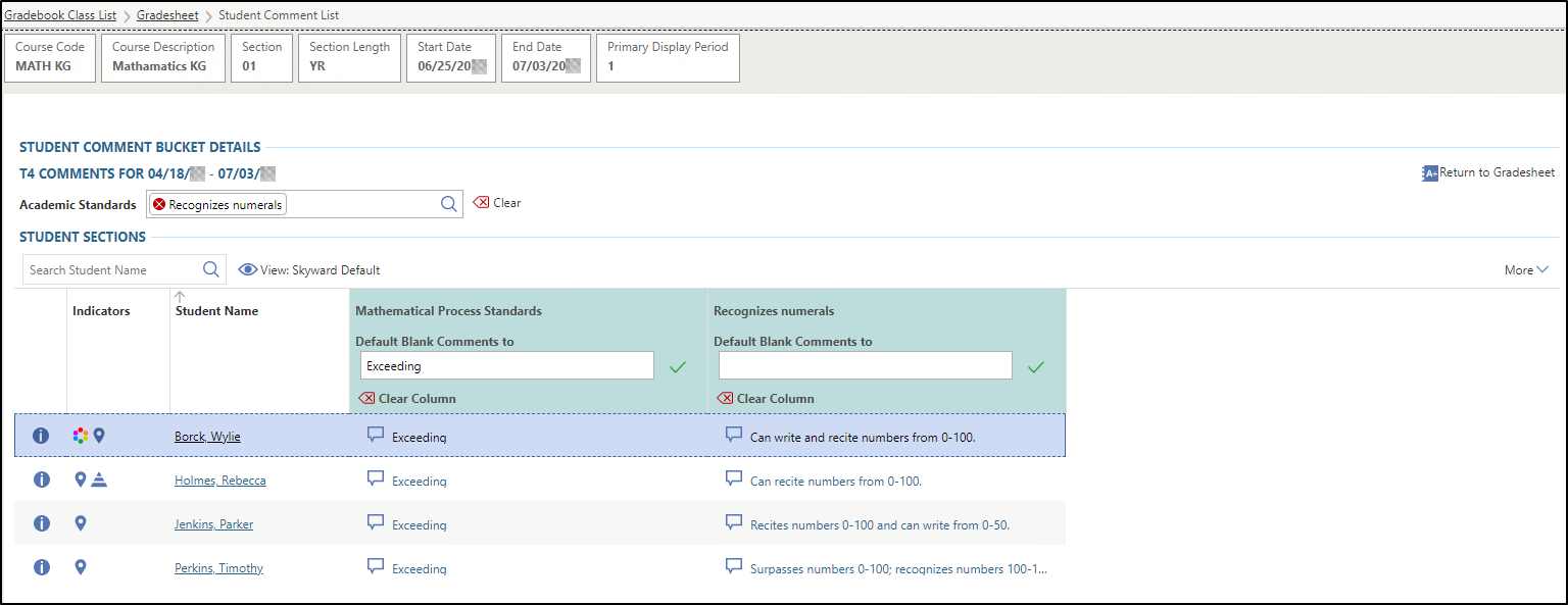 The Student Comment List displays comments for an academic standard.