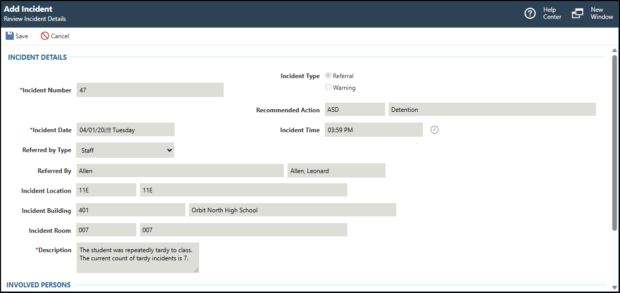 The Add Incident screen for reviewing an incident's details.