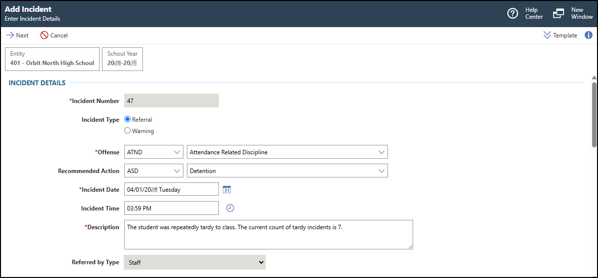 The Add Incident screen for adding incident details.