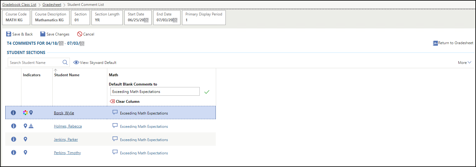 The Student Comment List displays comments for a subject.