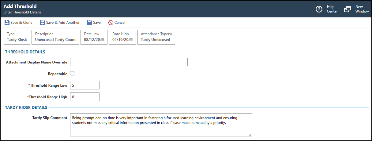 The threshold details displays example information for a threshold range between five and eight for unexcused tardies.