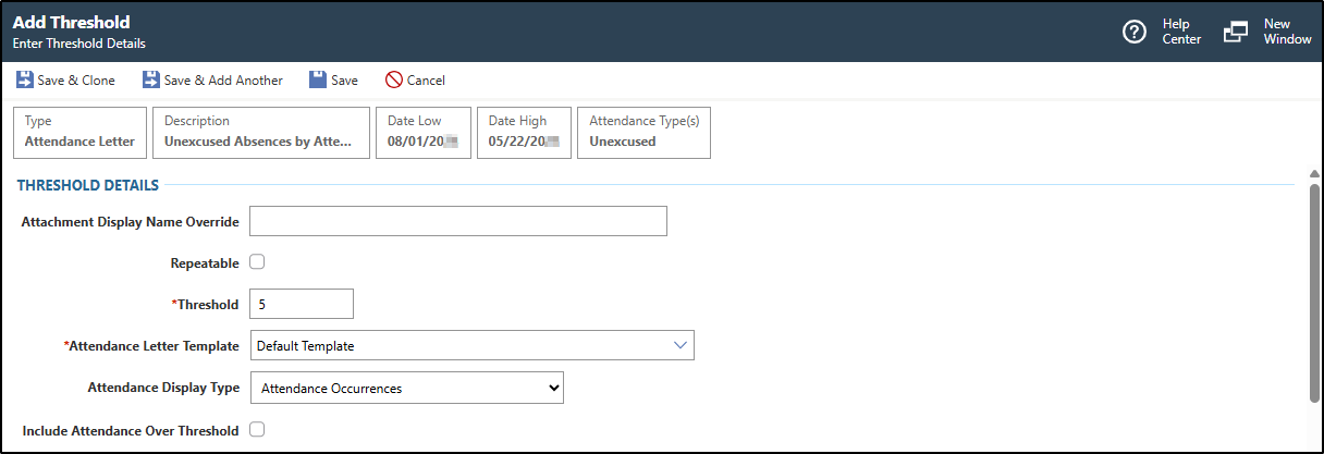 The threshold details display example information for creating an attendance letter threshold of five unexcused absences.